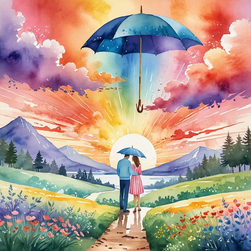 A serene landscape depicting a couple sharing an umbrella under a vibrant sky, symbolizing love and protection. Around them, illustrated elements like a heart-shaped shield and policy documents float gently, representing insurance coverage. Subtly integrate a winding path leading into a bright future, showcasing life’s journey. The color palette should be warm and inviting. watercolor effect, soft lines, pastel colors.