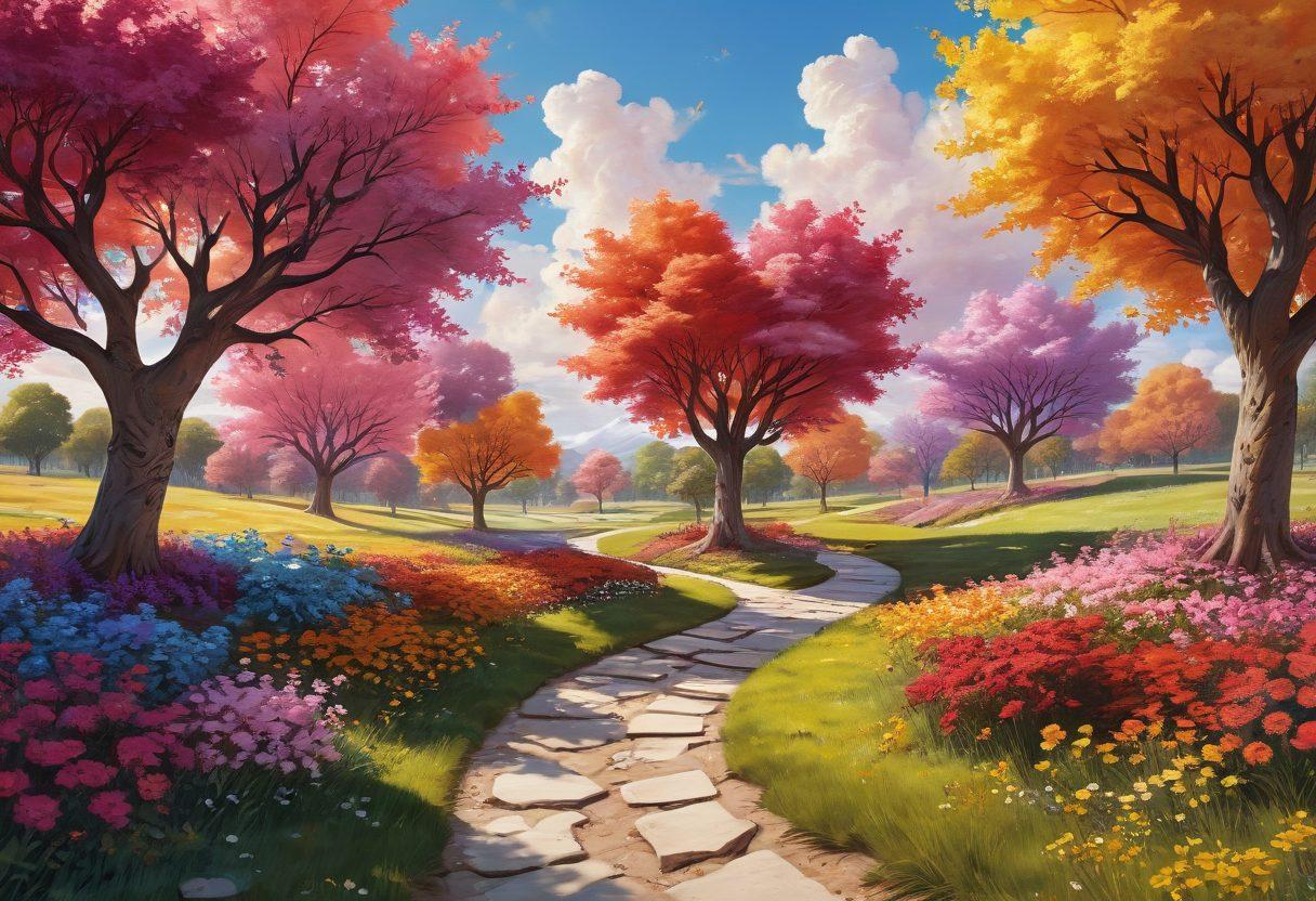 A whimsical pathway lined with candy-like trees symbolizing various relationships, with floating policy documents and heart-shaped clouds above. In the distance, a radiant sun shines down, illuminating the path ahead. Include playful, colorful characters engaging in joyful interactions along the journey. vibrant colors. illustration.