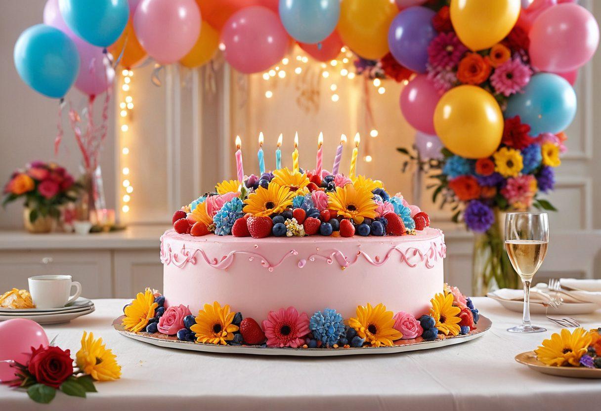 A beautifully decorated cake adorned with flowers and sweet toppings, resting on a table surrounded by joyful people sharing moments, framed by a backdrop of soft, pastel-colored balloons and shimmering lights. In one corner, a shield symbolizing insurance floats above, representing protection over life's sweet experiences. The scene embodies celebration and security. vibrant colors. soft focus. super-realistic.